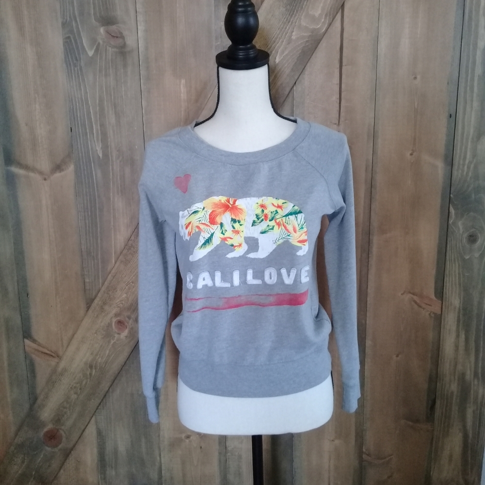 Reflex Grey Calilove Graphic Hawaiian Floral Bear Pullover Sweatshirt Small